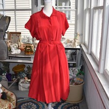 Vintage Diana Bentals Red 100 Silk Belted Shirt Dress Pleated Midi Size Large