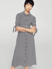 Mango Womens Striped Midi Dress M Tie Waist Button Front Pockets Minimalist