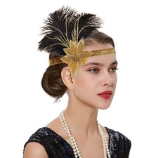 ANNUOZE 1920s Flapper Headpiece, Roaring 20s Feather One Size, A Black-gold 