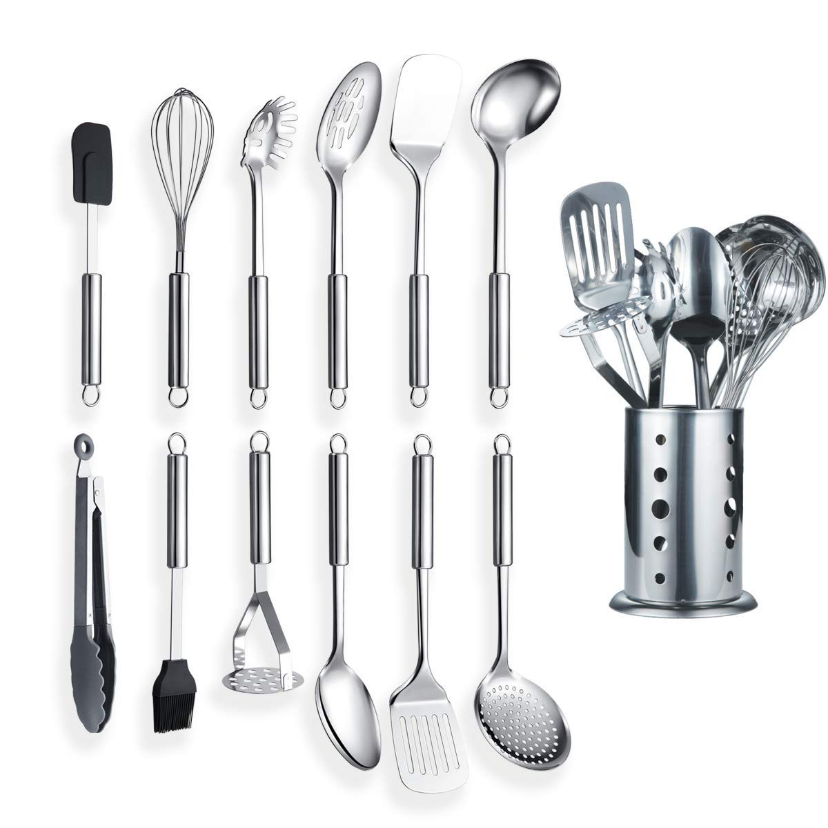 Cooking Utensil Set 13 Piece Stainless Steel Kitchen Tool Set with Holder, In...