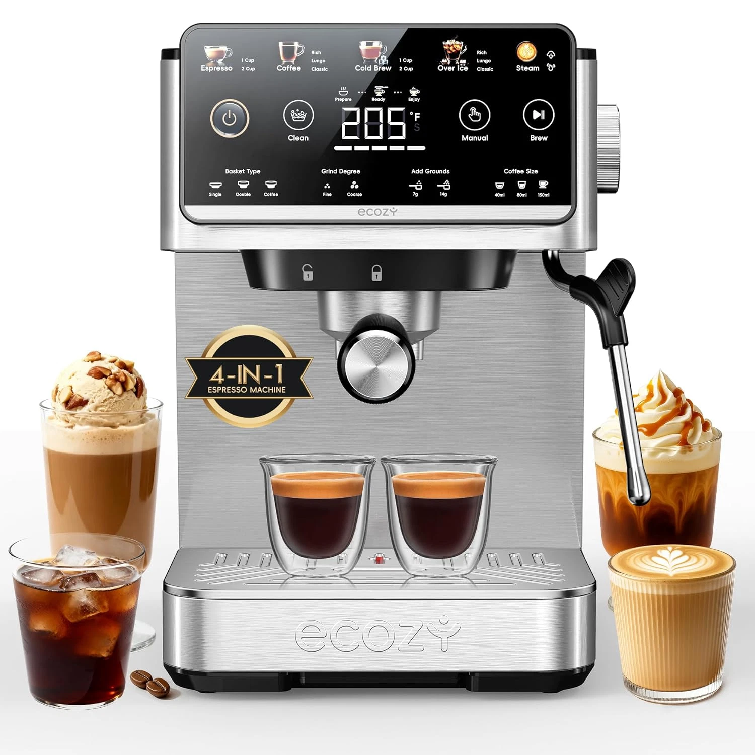 Brezzano Elite 4-in-1 Touchscreen Espresso & Coffee Maker with Frother