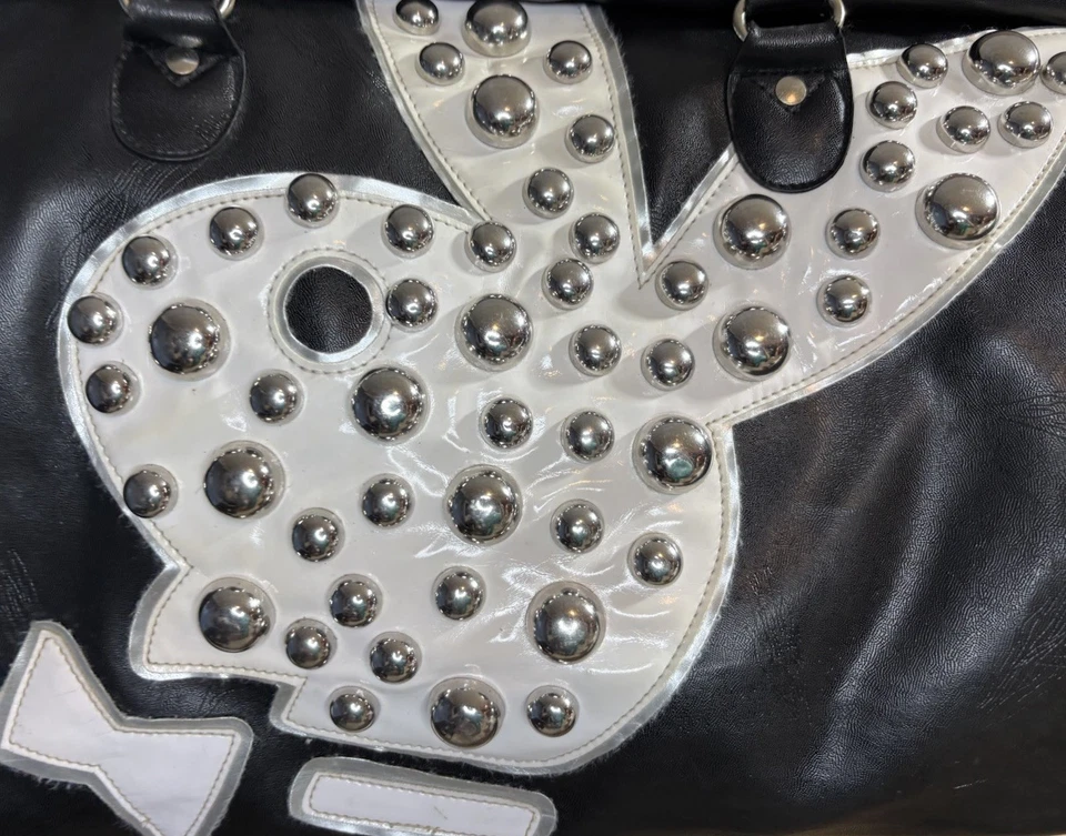 Y2K Styled Playboy Bunny Doctor Bag Purse Duffel Black White Large Silver Studs - Image 3 of 4
