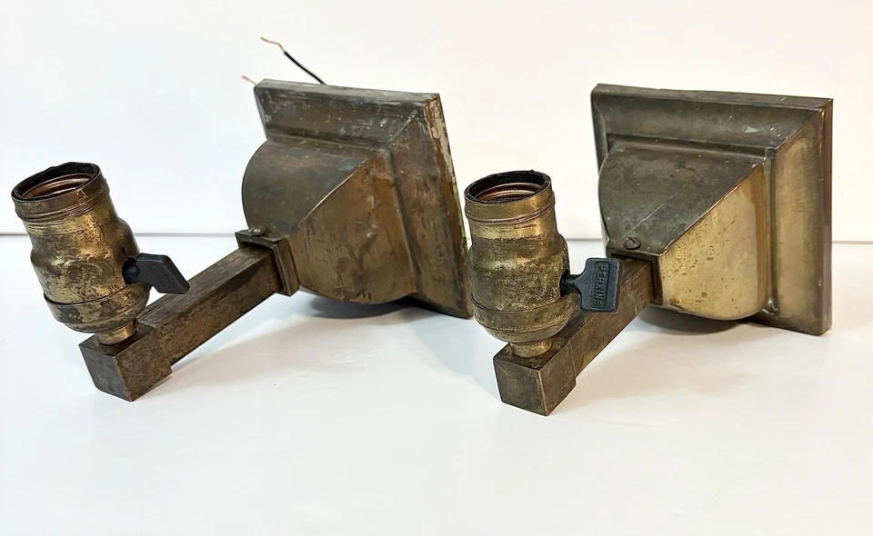 Antique Late 1800s Original Gothic Mission Arts Brass Copper Light Wall Sconces - Image 4 of 4