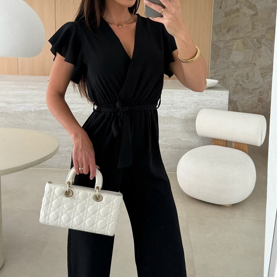 Damen Elegant Jumpsuit Sommer V-Neck Overall Romper Einteiler Hosenanzug Gürtel - Bild 4 von 4