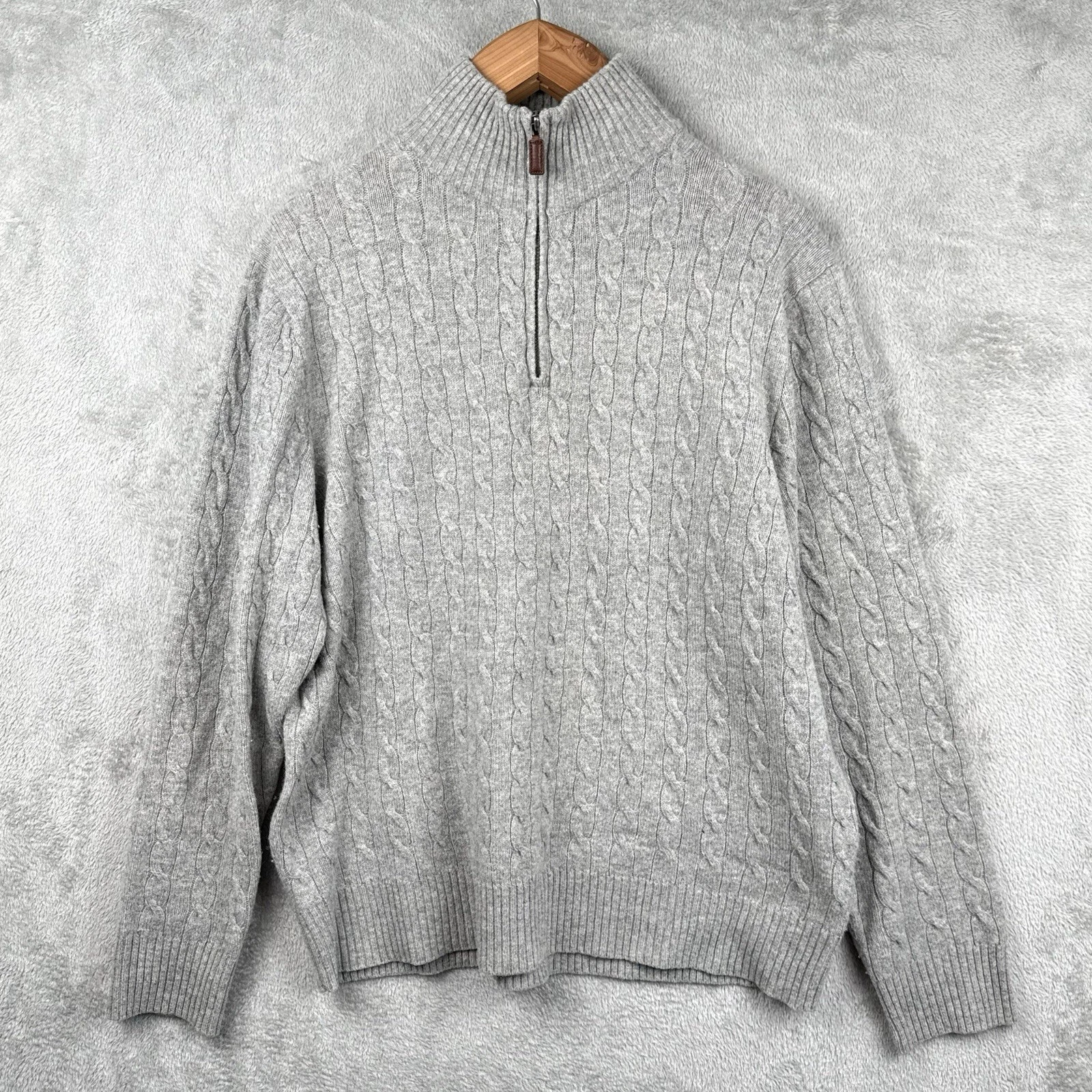 J.Crew Sweater Mens XL Gray Lambs Wool Cable Knit 1/4 Zip Pullover Golf Preppy