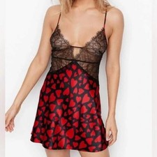 Victorias Secret Black Red Hearts Lace Babydoll Chemise Lingerie Sleepwear Large