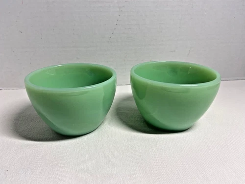 (2) Vintage Jadeite Oven Ware Heavy Fire King C-handle Coffee Cups (SIGNED)