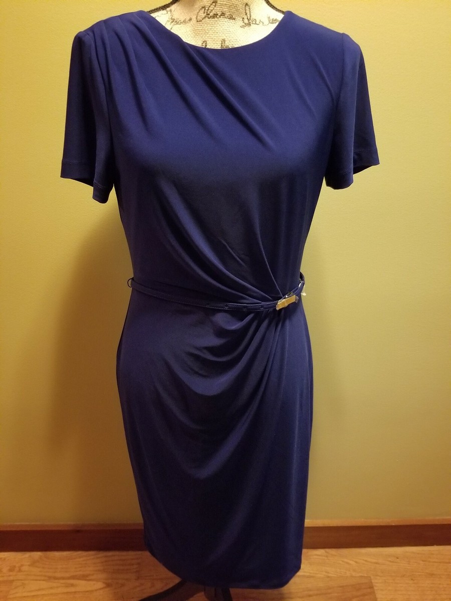 NWT Womens Lauren Ralph Lauren Essentials Ruched Dress Belted Sapphire Blue  6 | eBay