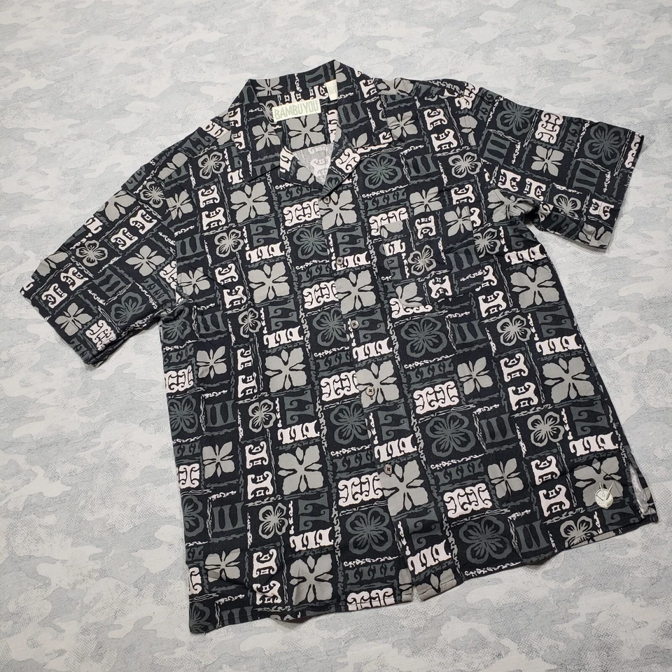 Camisa Hawaiana Bambu You Para Hombre Grande Negra Geo Estampado Manga Corta Mezcla de Bambú Foto 2 de 4