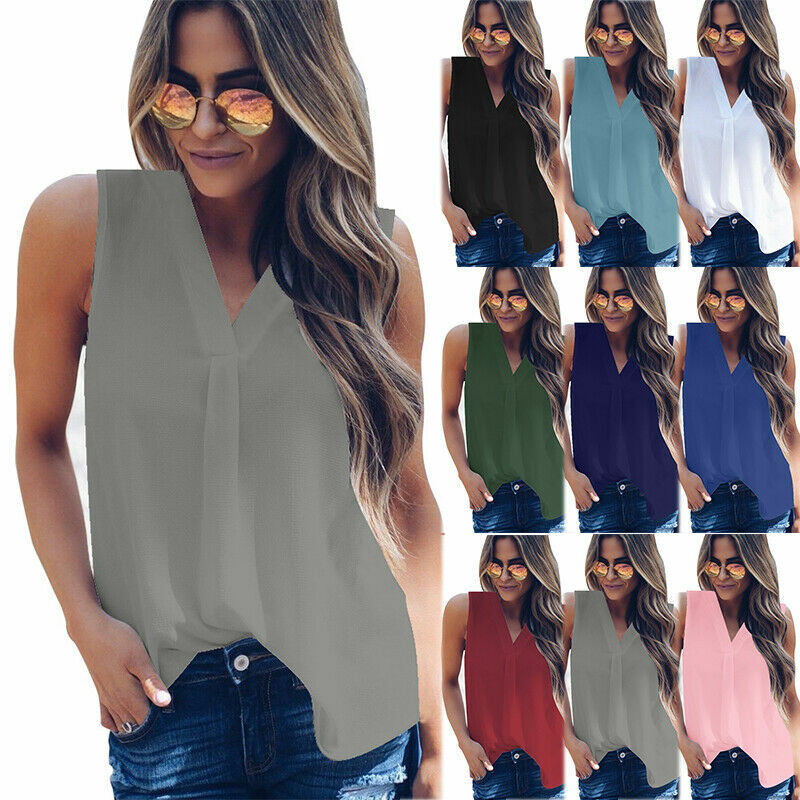 Plus Size Womens Summer Chiffon Sleeveless OL T Shirt Blouse Ladies