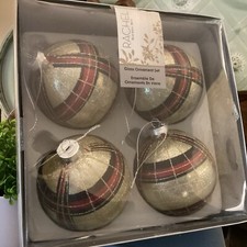 Set 4 Rachel Roy Plaid Gold Red Glass Ornaments NIB Decoration Large