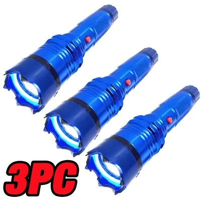3 PC Metal MILITARY Stun Gun 260 Million Volt Rechargeable LED Flashlight BLUE