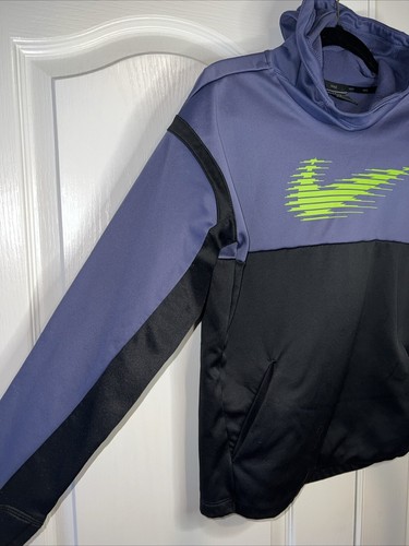 Nike Dri-Fit Youth XL Blue Black Hoodie Sweatshirt Pocket Colorblock Athleisure - Picture 2 of 15