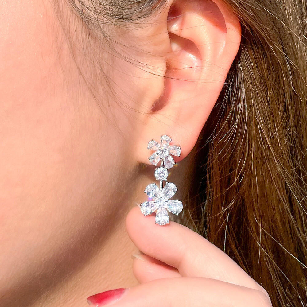 Dainty White Cubic Zirconia Flower Drop Earrings Silver Plated
