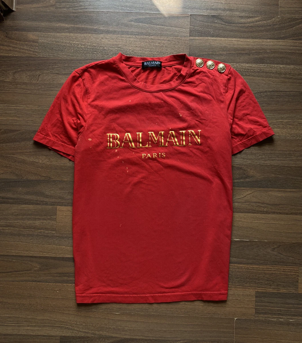 Balmain Red T Shirt Silver Button Big logo size S Gold Logo eBay