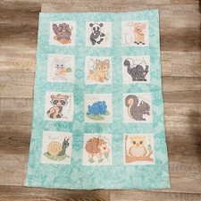 Handmade Baby Quilt Cross Stitched Animals Teal White 46 X 33.5