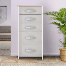 Uforic 5 Drawer Dresser with Steel Shelf and Storage Tower. Light Grey. NEW,USA