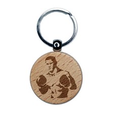 Boxer Man with Boxing Gloves Pugilist Engraved Wood Round Keychain Tag Charm