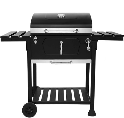 Schwarz Holzkohlegrill BBQ Wagen Rollen Zweiarmig Garten Smoker Regal Seite Stahl 