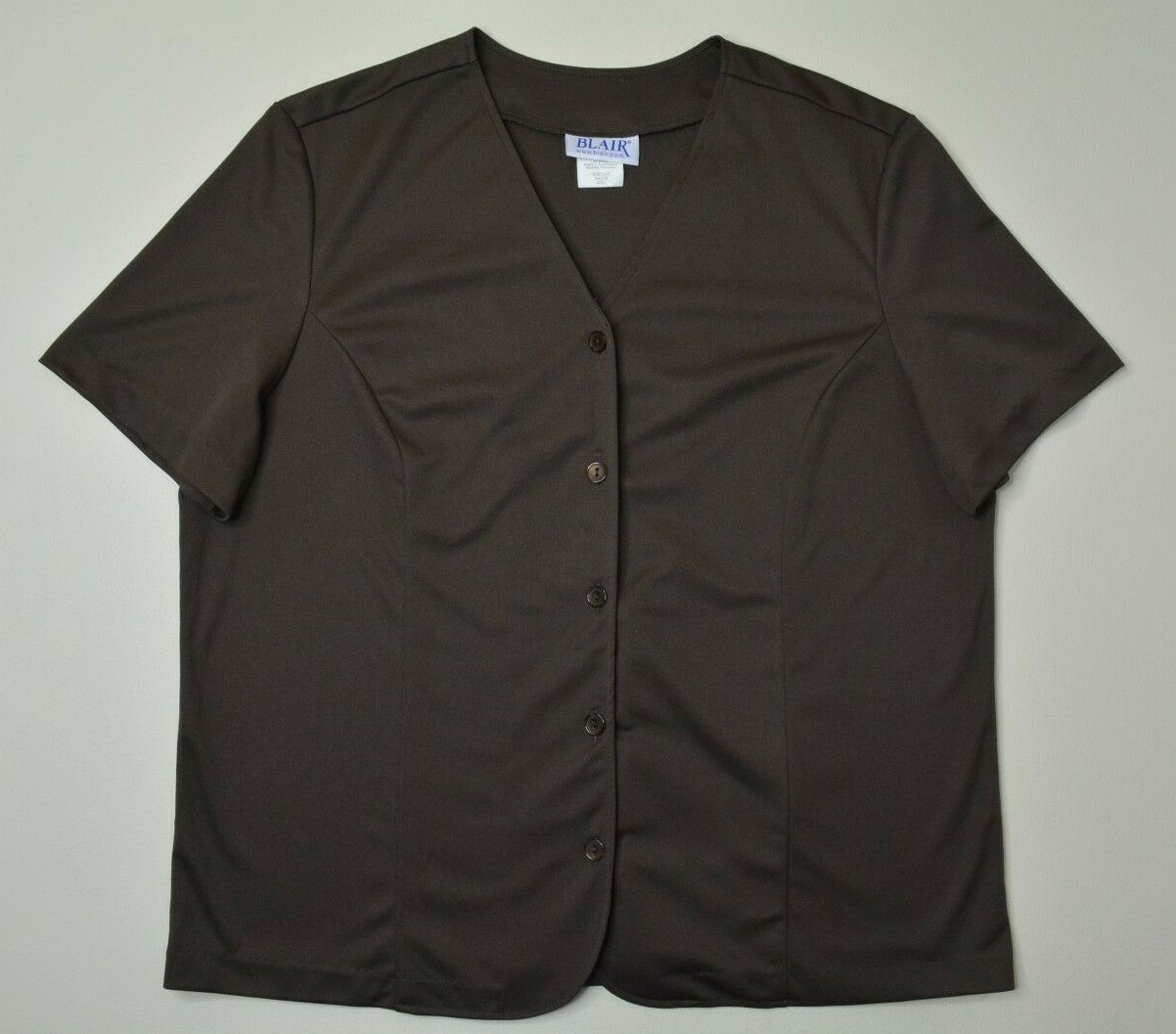 BLAIR Size L Womens BROWN Button Front SHORT Sleeve V Neck POLYESTER Shirt
