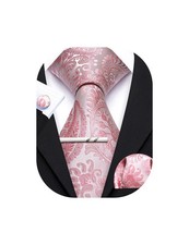 Dusty Rose Tie for Men with Tie Clip Paisley Silk Necktie Pocket Square Cuffl...