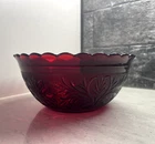 Vintage Anchor Hocking Ruby Red Glass Sandwich Scalloped Bowl 8 1/4 inch USA