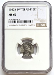 1952 B Switzerland 5 R, NGC MS 67, nice Gem  coin               #2185, #74-01