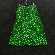Vintage 70s Green Floral Button Front Midi Skirt Pocket High Waist 26W