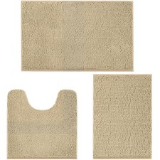 3 PCS Beige Bathroom Rug Set Absorbent Non Slip Chenille Bath Mat Toilet Wash