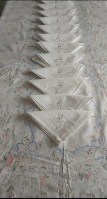 Handbestickte Tischdecke aus Leinen und Organza 12er + Servietten, NEU UNBENUTZT 