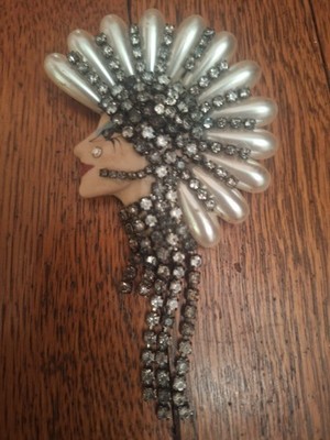Vtg. Originals By Elvira & Jackie Porcelain Face Brooch Rhinestones Faux Pearls