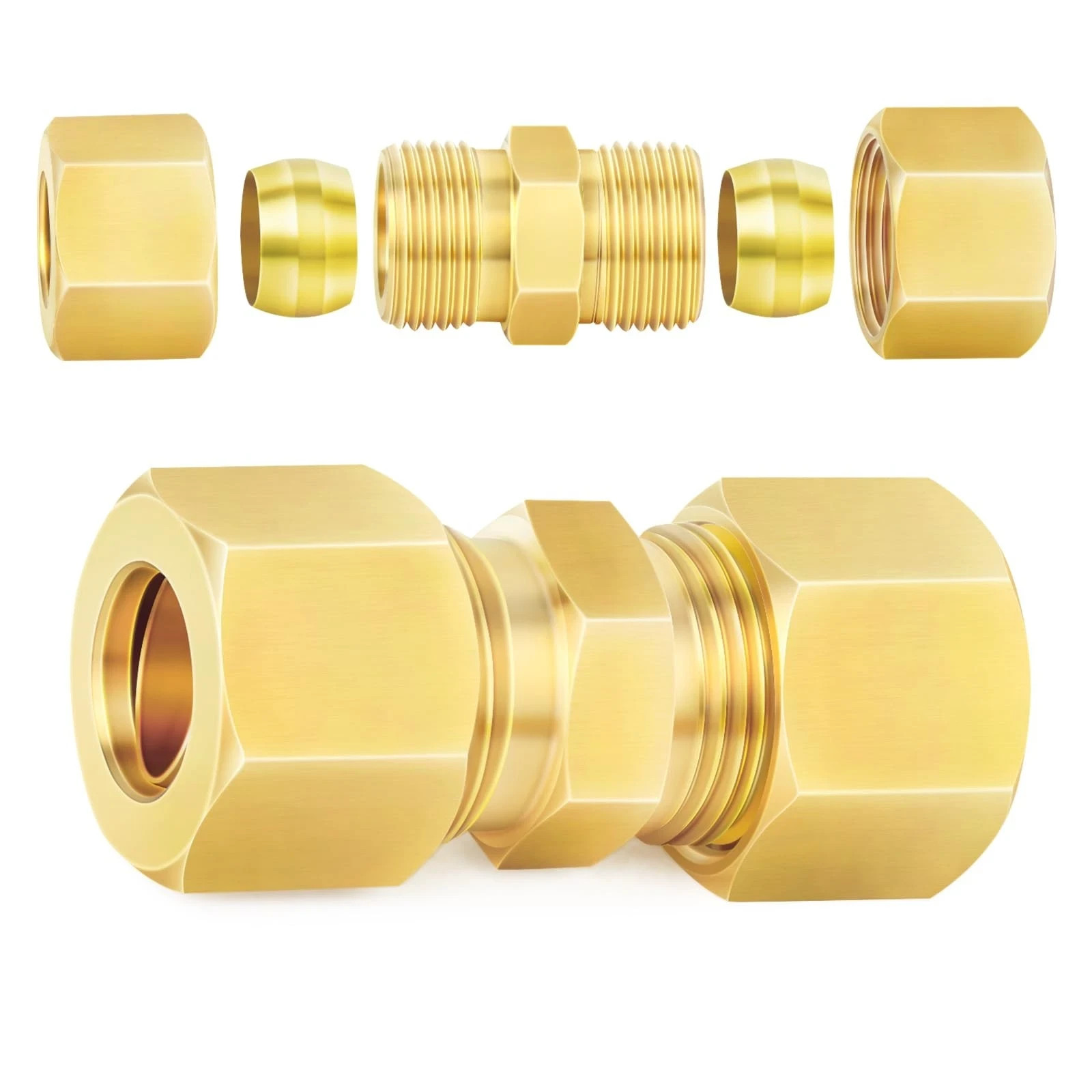 2 PCS 5/8x5/8 Inch OD Brass Compression Tube Union Connector Fitting