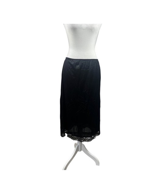 Vintage Y2K Black Satin & Lace Slip Skirt Sz 12-14 Whimsygoth Coquette #0565