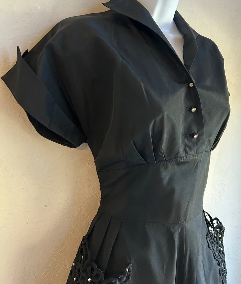 Vestido Acampanado Vintage Años 50 Vicky Vaughn Negro Tafetán Ajuste S Nuevo Look Reloj de Arena Foto 4 de 4