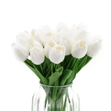 24PCS White Tulips Artificial Flowers Real Touch Tulips Flowers White Fake Tu...