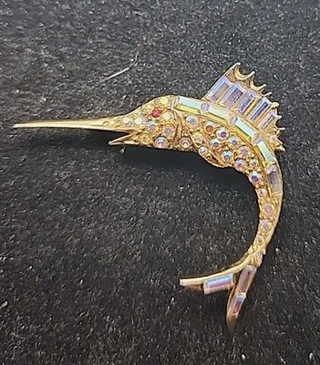 Vintage Pell Goldtone Rhinestone Sword Fish Pin Brooch 2''