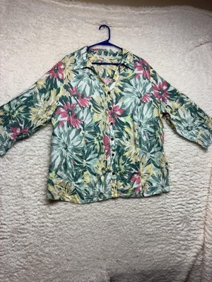 JM Collection Woman Shirt Womens 18W Linen Green Floral Button Front 3/4 Sleeve
