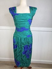 Vtg St. Gillian Silk Dress Aqua & Green Floral Size 10 Ruched Party Party Sheath