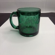 Vintage Made in USA Green Glass Christmas Holiday Mug Snowflake Christmas Tree