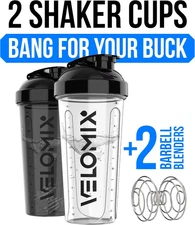 VELOMIX 2-Pack 28oz Protein Shaker Bottles Wire Whisk Black/Clear FREE SHIP
