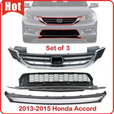 For 2013-2015 Honda Accord Front Upper & Lower Grille + Chrome Molding Trim 3PCS