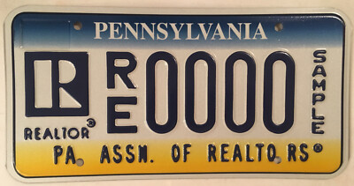 PA REALTOR REAL ESTATE AGENT license plate sample realty RE/MAX Sotheby's ERA 21