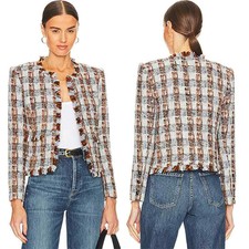 Nwt L'agence Plaid Fringe Trim Open Front Long Sleeves Angelina Blazer Blue