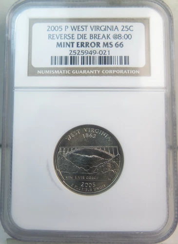 2005 P West Virginia state quarter NGC MS66 *reverse die break @ 8:00*