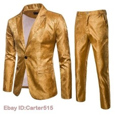 European Mens 2 Piece Shiny Blazer Pants Suits Coats Lapel Nightclub Slim Fit L