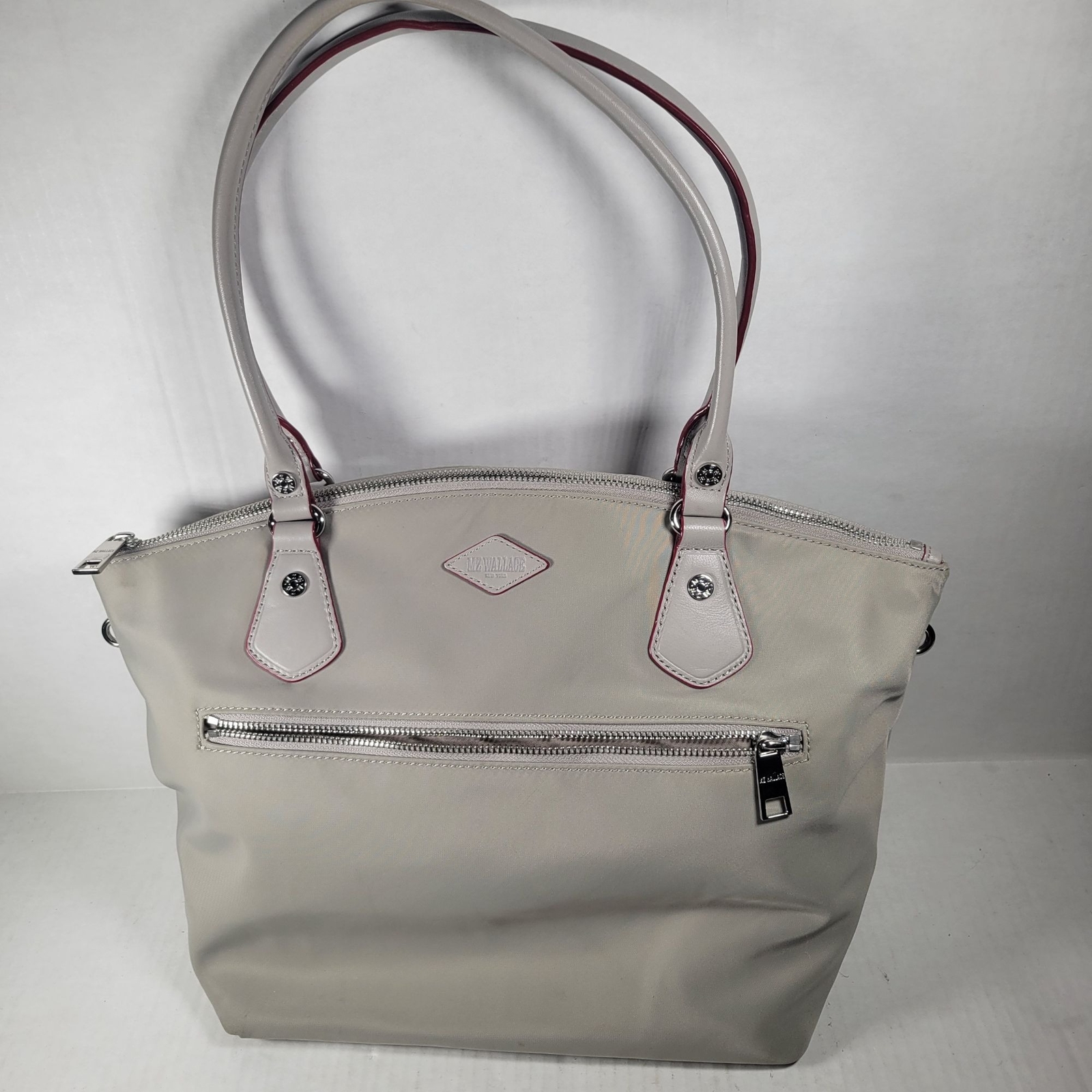 MZ Wallace Classic Beige Tote Bag with Red Trim for Work & Everyday Use