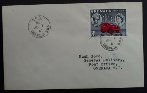 1961 Grenada Centenary of Postage Stamps FDC tie 3c stamp GPO cds - Afbeelding 1 van 2