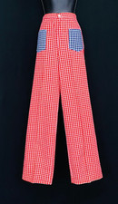 Vintage 1970s red white blue gingham pants, cotton seersucker high waist wide