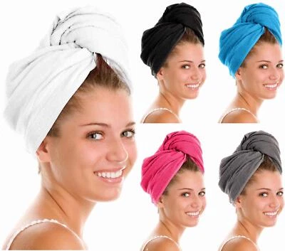 ADORE HOME 100% Cotton Hair Turban Absorbent Towel Drying Soft Wrap With Loop & Button