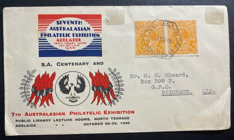 1938 Adelaide Australia First Day Cover FDC To Brisbane 7th Philatelic Exhibit